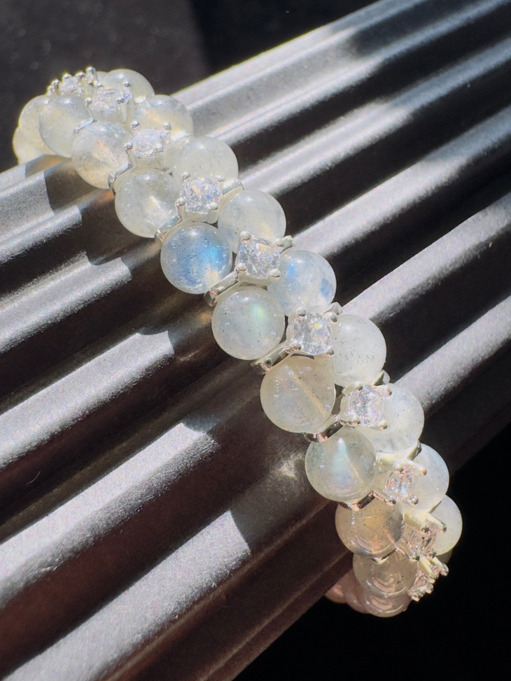 Moonstone Like Tone and Cubic Zirconia Stretch Bracelet - White